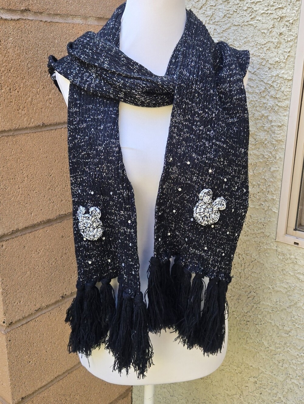 Disney Black Speckled Knit Scarf with Sequin Motif